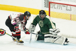 武修館は第1ピリオドに小川(左)の2ゴールなどで一挙5得点を挙げ、試合を優位に進めた